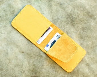 Mini bank card case in recycled cowhide, sun yellow