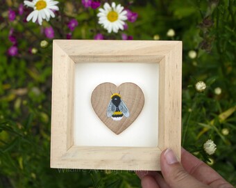 Miniature bee painting, framed art, wooden hear gift