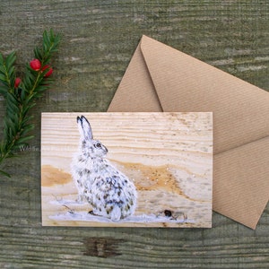 Cartão de Natal da lebre da neve, cartão reciclado, cartão de arte ecológica A6.