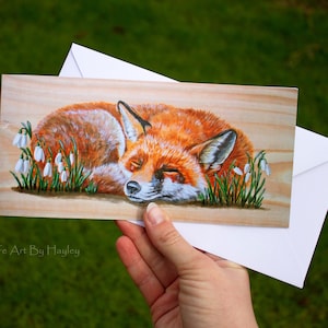 Fox greetings card, red fox in snowdrops art card, recycled card image 1