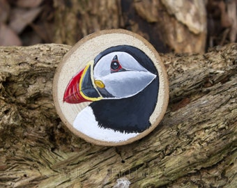 Puffin miniature painting on a recycled wood slice