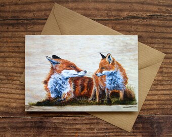 キツネと子ギツネのアートカード：野生動物の絵画、リサイクルカード
