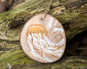 Jellyfish painting, hanging wood slice, miniature wildlife art on recycled wood