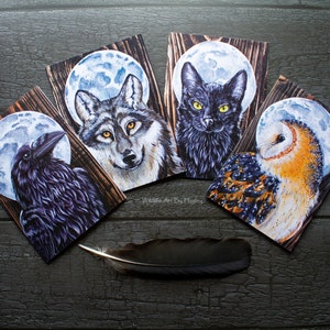 4 cartes de voeux A6, série Pleine lune, chat noir, loup, hibou, corbeau.