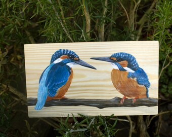 Kingfisher painting on recycled wood, British bird lover decor, hand painted birds