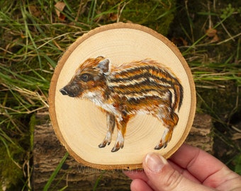 Wild boar piglet, humbug, painting on a recycled wood slice