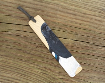 Magpie bird, painted wooden bookmark, recycled wood