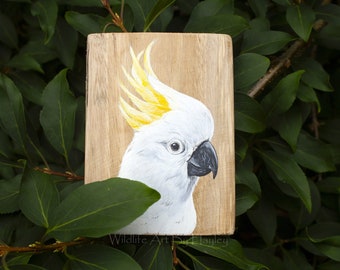 Sulfur crested cockatoo painting on recycled wood