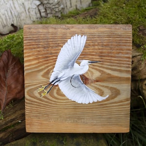 Egret original painting on reclaimed wood