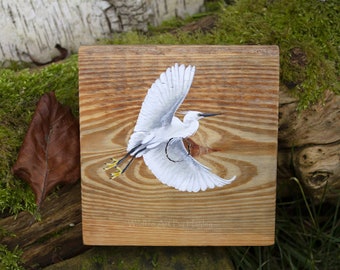 Egret original painting on reclaimed wood