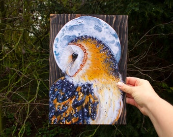 A4 art print, barn owl, full moon print