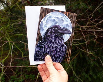 Raven greetings card, full moon art card