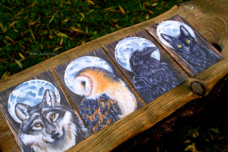 May include: Four illustrated cards featuring a wolf, owl, raven, and black cat, each with a full moon behind them. The cards are on a wooden surface. The text "Wildlife Art By Hadley" is in the top left corner.