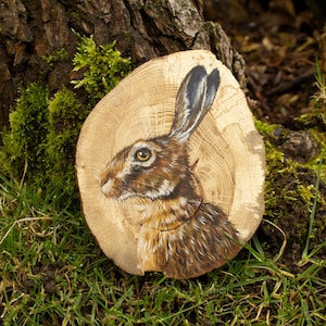 Hare original painting on a recycled old oak wood slice, British wildlife art, hare decor