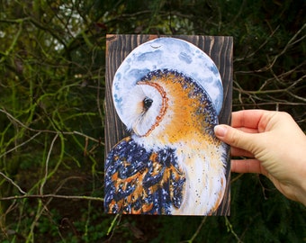 A5 art print, barn owl , recycle card, Full moon series