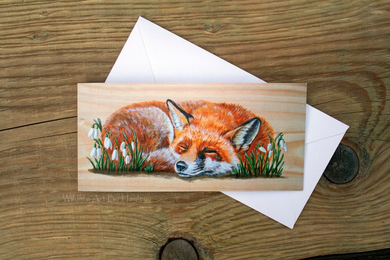 Fox greetings card, red fox in snowdrops art card, recycled card image 2