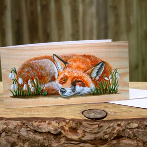 Fox greetings card, red fox in snowdrops art card, recycled card image 8