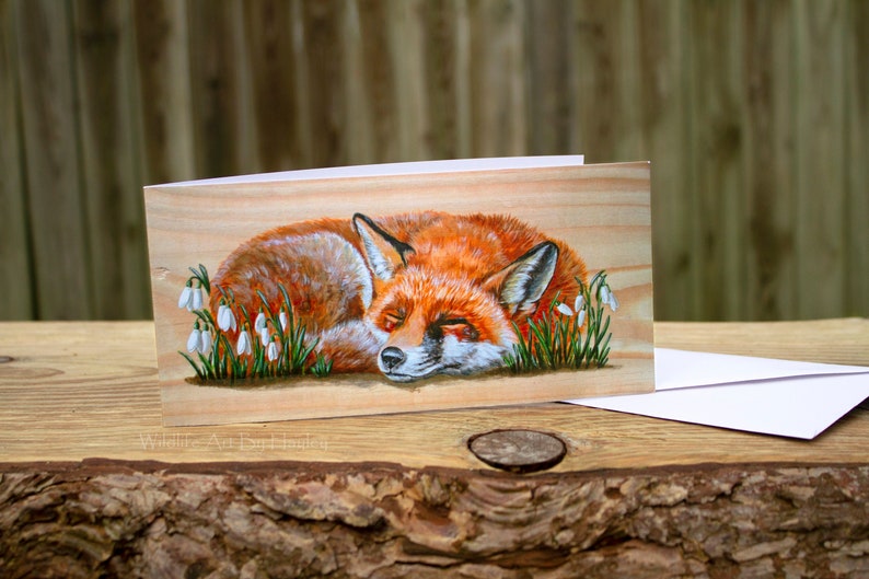 Fox greetings card, red fox in snowdrops art card, recycled card image 8