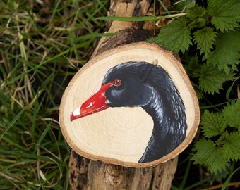 Black swan painting on a recycled birch wood slice