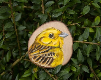 Yellowhammer Bird Painting: Original Art on Recycled Wood Slice