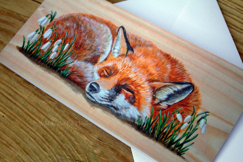 Fox greetings card, red fox in snowdrops art card, recycled card image 7