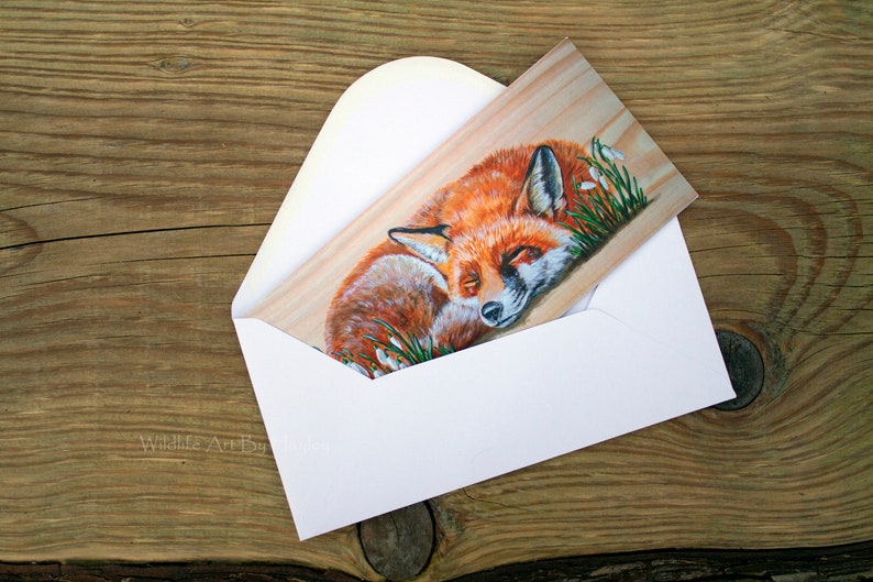 Fox greetings card, red fox in snowdrops art card, recycled card image 9