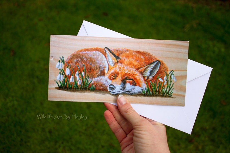 Fox greetings card, red fox in snowdrops art card, recycled card image 1