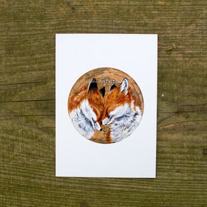 May include: A painting of two red foxes curled up together, sleeping. The foxes are painted in a realistic style, with detailed fur and facial features. The painting is set against a brown background.