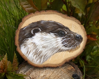 Otter portrait, original painting on an oak wood slice
