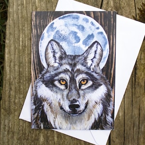 wolf en maan wenskaart, volle maan kunstkaart