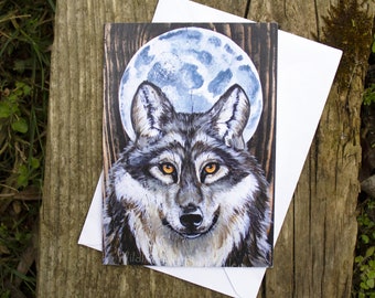 wolf and moon greetings card, full moon art card