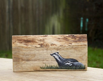 Badgers painted on a recycled wood board, British wildlife art, nature lover decor