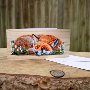Fox greetings card, red fox in snowdrops art card, recycled card image 6