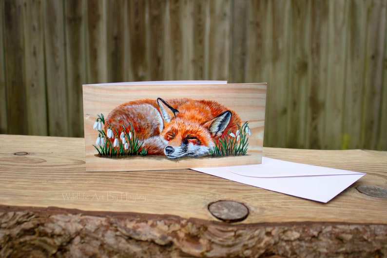 Fox greetings card, red fox in snowdrops art card, recycled card image 6