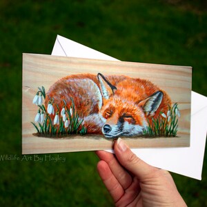 Fox greetings card, red fox in snowdrops art card, recycled card image 4