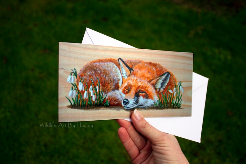 Fox greetings card, red fox in snowdrops art card, recycled card image 4