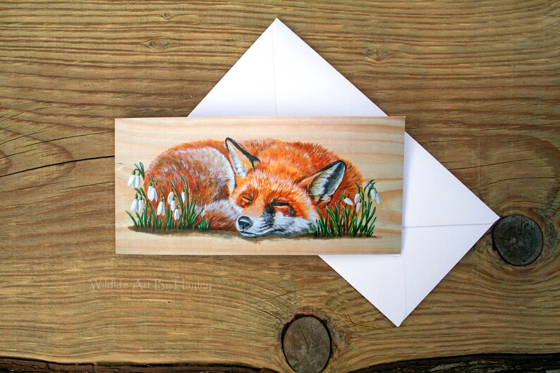 Fox greetings card, red fox in snowdrops art card, recycled card image 3