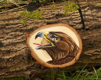 Golden eagle painting on a recycled oak wood slice
