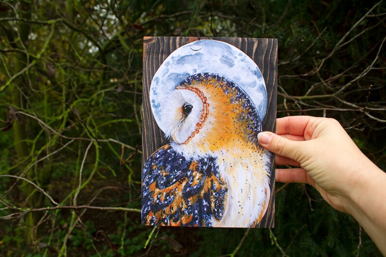 May include: A painting of a barn owl with a white and brown patterned design, perched against a dark wood background with a blue and white crescent moon behind it.