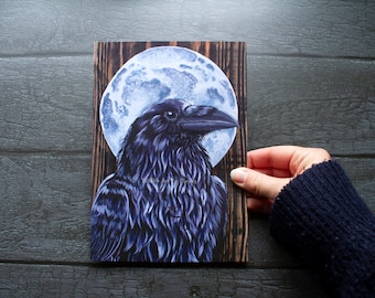 Impression d'art A5, corbeau, carte recyclée, série Pleine lune
