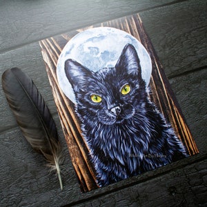 Impressão artística A5, gato preto, cartão reciclado, série Lua cheia
