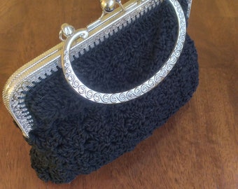 Vintage Style Handbag, Crochet Purse, Evening Bag, Black Lace Crochet Bag