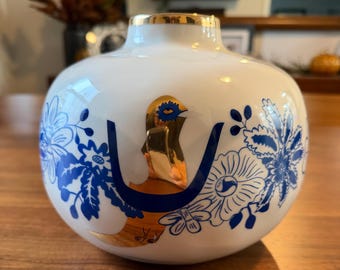 Anthropologie Gilded Bird and Blue Florals Lauren McIntosh Vase