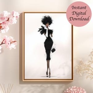 Black Woman Fashion Portrait Wall Art Luxury Black Vintage Fashion Sketch Art Print Black Glamour Girl Instant Download Digital Download