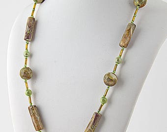 19" inch necklace, Mokume Gane clay beads and iridescent frosted beads