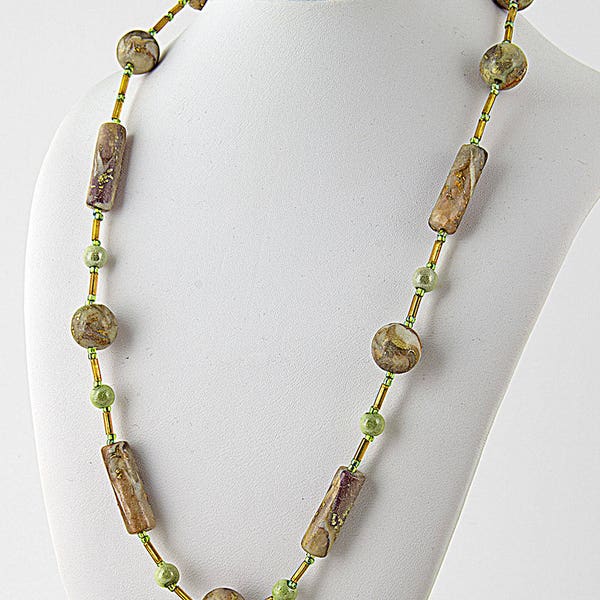 19" inch necklace, Mokume Gane clay beads and iridescent frosted beads