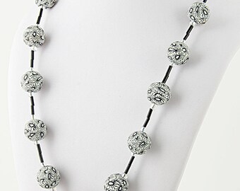 25" inch black and white necklace, millefiori clay beads