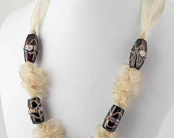Adjustable length black necklace, silk tulle ribbon, original Murano glass beads