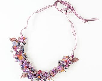 Adjustable length 3D purple necklace, artist wire and tulle ribbon, glass beads and flowers, acrylic leaves and hearts