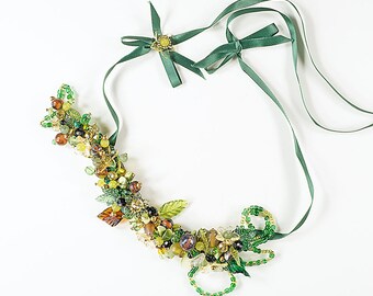 Adjustable length 3D green necklace, artist wire and ribbon, crystals, glass beads, acrylic leaves and flowers